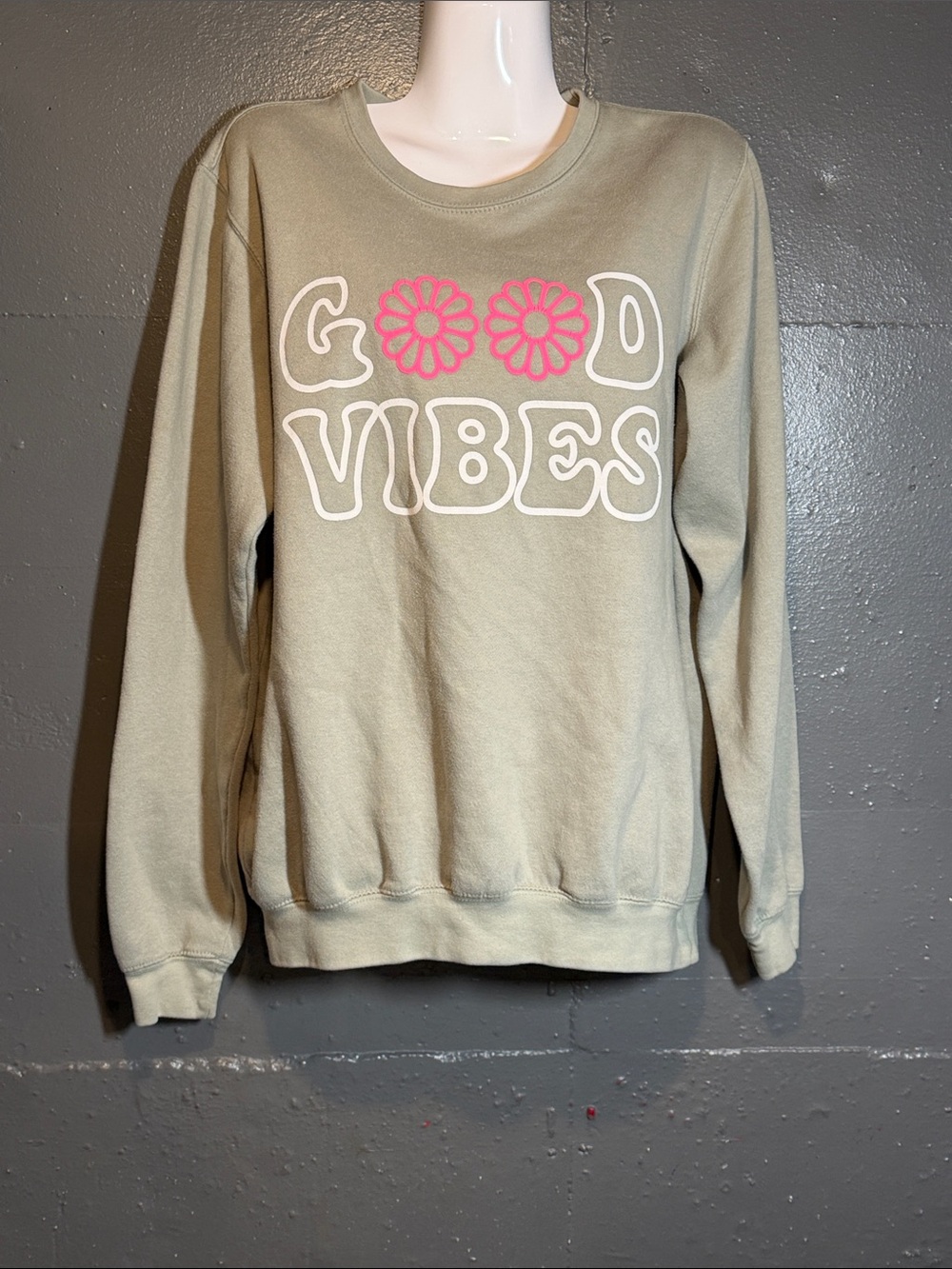 Good Vibes Olive Green Crewneck Sweatshirt with Pink Flower Accents
